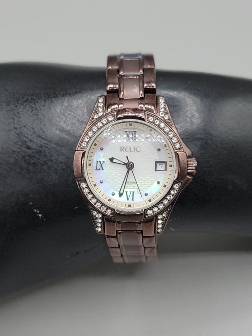 Relic Wet Ladies Watch Quartz Rhinestone MOP 26mm Chocolate Stainless 6" Day